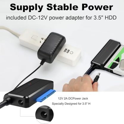 SATA to USB Cable USB 3.0 to 2.5 3.5 inch Hard Drive Adapter External Converter for SSD/HDD Data Transfer, with 12V/2A Power Supply, Support UASP, Black