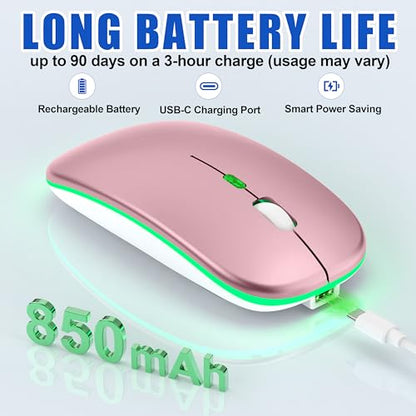 Gizdot-R1 LED Mouse for MacBook Air/iPad/Laptop, Bluetooth Rechargeable Silent Mouse with USB-C, Built-in Mouse Jiggler, 4-Mode Wireless Mouse Compatible with macOS/iOS/Windows/Android - color: Rose Gold