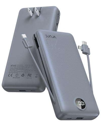 Portable Charger Power Bank 20000mAh,VRURC 22.5W Fast Charging Power Bank With Cables, 20K USB C Portable Charger With Wall Plug, Phone Battery With Cords For iPhone, Samsung, Android Phones, etc-Grey - color: Grey