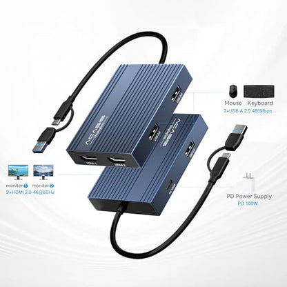 ACASIS USB C to Dual HDMI DisplayLink Adapter for Mac M1/M2/M3/M4/Windows | USB C DisplayLink Docking Station with 2HDMI 4K@60Hz, 3USB-A Ports, 100W PD Charging ,USB A/C to Dual Monitor,Grey - color: Gray
