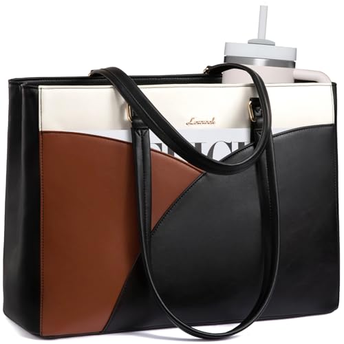 LOVEVOOK Laptop Bag for Women,15.6 Inch Work Teacher Bags Leather Tote Bag Briefcase Waterproof Computer Bag for Women，Black-White-Brown - color: Black-white-brown, size: 15.6 Inch