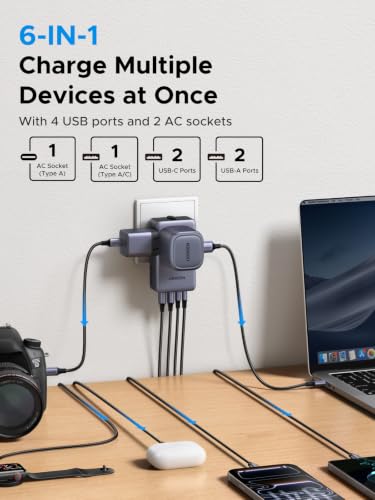 UGREEN 45W 6-Port Universal Travel Plug Adapter Worldwide | 2 USB-C, 2 USB-A, 2 AC, GaN International Power Adapter for 200+ Countries, Fasting Charging, Travel Essentials, Black