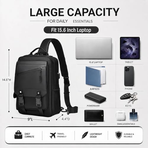 Sling Bag Large Capacity: Crossbody Bag for Men Fits 15.6 Inch Laptop A4 Files with Anti Theft USB Port - color: 7139-black