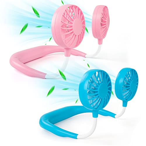 Portable Neck Fan Rechargeable Personal HandFree Fan Mini USB Wearable Neckband Sport Fan 3 Speed Adjustable 360 Degrees Rotation Perfect for Working Traveling Office Reading (2 Pack：Blue+Pink) - color: 2 Pack：Blue+Pink