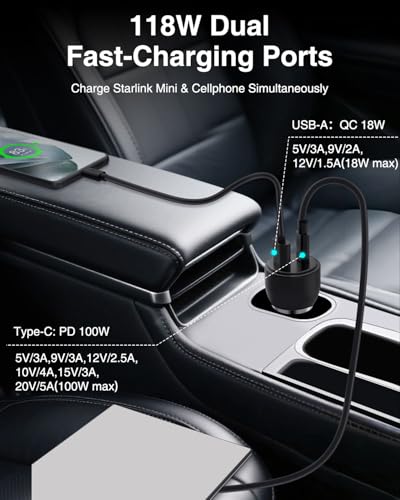 Starlink Mini Cable Car Adapter USB C Car Charger PD 100W 10FT 18AWG Starlink Mini Power Cable DC 12V 24V Fast Charging Cigarette Lighter Power Cord with Digital Display for Cars RVs Trucks Yachts - size: 10FT