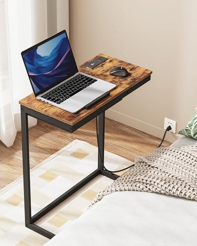 TUTOTAK Large C Shaped End Table, Side Table with Charging Station C Table | Tilting Laptop Stand with Storage, Computer Couch table for Living Room, Bedroom, Brown TB01BB090 - color: Brown, style: Plug