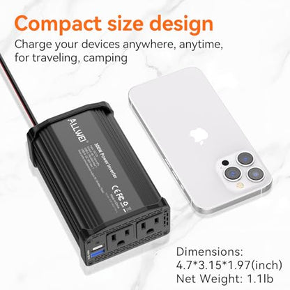 ALLWEI 300W Car Power Inverter 12V DC to 110V AC Car Inverter-Black | with 27W PD USB-C&18W USB-A Fast Charging, Car Charger Cigarette Adapter for Phone, Laptop and Small Devices on Road Trip