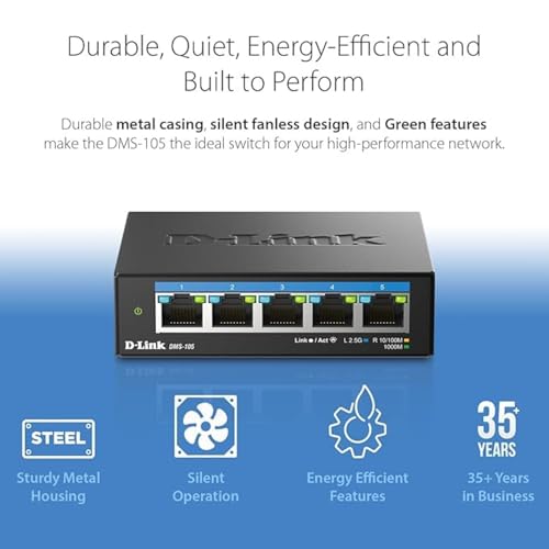 D-Link 5-Port 2.5GB Unmanaged Gaming Switch with 5 x 2.5G - Multi-Gig, Network, Fanless, Plug & Play (DMS-105),Black - size: 5 Port Multi-Gig 2.5Gb