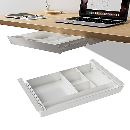 White Under Desk Sliding Pull-out Drawer with Pencil Tray and Slide Storage Tray, 17'' long & 13.5'' deep Large Organizer for Sit Stand Workstation… - color: White