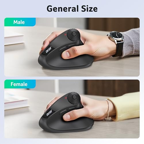 Acer Ergonomic Mouse Wireless with Side Scroll, Bluetooth Mouse for Laptop | 4000 DPI Office Vertical Computer Mouse (BT5.2+2.4GHz) for Small to Medium Sized Hands, Ergo Mouse with, 58° Tilt, 8 Buttons