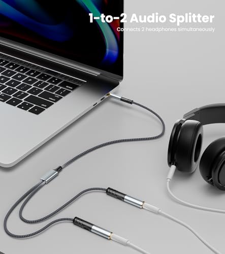 Headphone Splitter 1ft(0.3m), Audio Splitter 3.5mm 1 Male to 2 Female Adapter, Nylon-Braided 3.5mm Dual Headphone Jack Extension Cable for Headset, Smartphone, Tablet, Laptop - size: 0.3 meter