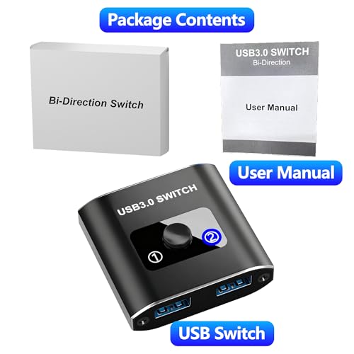 USB 3.0 Switch, Bi-Directional USB Switch 1 in 2 Out/ 2 in 1 Out, Aluminum USB Switcher 2 Computers Share USB Devices for Printer, Keyboard, Scanner, Mouse - Compatible with Mac/Win/Linux
