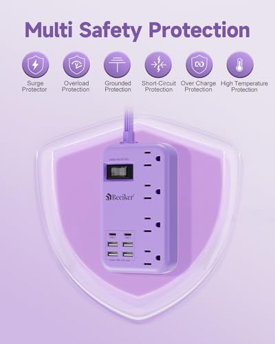 6 USB (2 USB C) Purple Travel Power Strip,5 Feet Lavender Extension Cord | 6 USB,2 USB C,24W USB Charging Station,4 Outlets,Surge Protector,Purple Desk Accessories,Cute Kawaii Office Dorm Room,5 foot - size: Purple-24W USB-5ft-980J