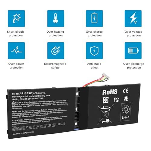 ASUNCELL AP13B3K Laptop Battery for Acer Aspire R7-571 R7-571G R7-572 R7-572G Notebook 4ICP6/60/78 KT.00403.015 AL13B3K 15V/3560mAh/53Wh - size: AP13B3K 12.13 × 4.72 × 1.30 in