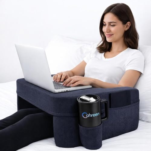 Lap Desk Pillow with 40oz Tumbler, Ergonomic Portable Laptop Desk Cushion for Bed with Arm Support, Gaming Pillow, Reading Pillow Arms, Lap Tray Cushion, Tablet & Laptop Lap Table Workstation
