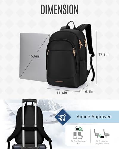Travel Backpack for Women, 15.6 Inch, Black | Laptop Backpack, USB Charging Hole, Water Resistant, Large Capacity, College Bookbag - color: Black, size: 15.6 Inch without Wheels