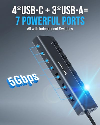 SABRENT 7-Port USB-C Hub with Power Switches, 5Gbps USB 3.2, 48W Powered Hub with 3 USB-A + 4 USB-C Ports, 20W PD, LED Status, Aluminum Body – for Mac, PC, Steam Deck, ROG Ally (HB-3A4C) - size: 7-Port - 3 USB-A + 4 USB-C