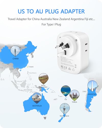 LENCENT Australia New Zealand Power Plug Adapter, US to Australia Adapter | Plug Adapter with 4 Outlets, 4 USB Ports(2 USB C), Type I Plug Converter for US to AU Argentina China Fiji, Travel Essentials - style: Type I-17.5W-Australia China