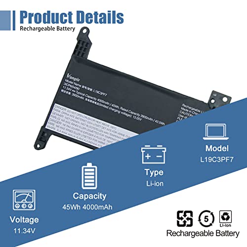 L19C3PF7 L19L3PF5 L19D3PF5 Laptop Battery, 11.34V 45Wh 3900mAh Compatible with Lenovo IdeaPad 3-14ADA05 3-14ARE05 3-14IIL05 3-14IML05 3-15ARE05 3-15IIL05 3-15IML05 Series 5B10X02607 5B10X02599 - size: 12.1*2.4*0.3 inch L19C3PF7