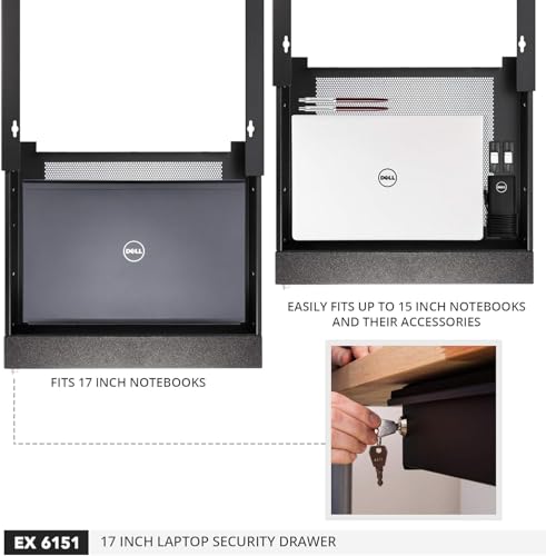 Penn Elcom Under Desk Laptop Drawer, Lockable, for 17” Laptops - Premium Sliding Security Drawers - Model EX-6151B - color: Black - Model Ex-6151b (17" Laptop)