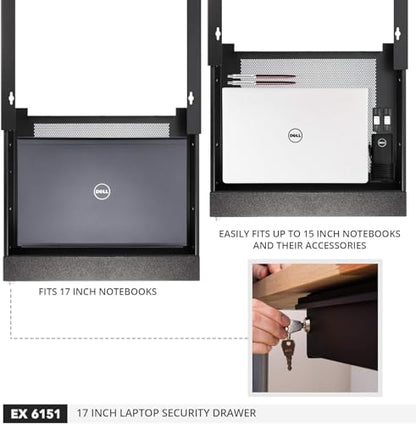 Penn Elcom Under Desk Laptop Drawer, Lockable, for 17” Laptops - Premium Sliding Security Drawers - Model EX-6151B - color: Black - Model Ex-6151b (17" Laptop)