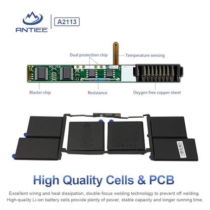 ANTIEE A2141 Battery Replacement, A2113 Battery for MacBook Pro 16 Inch A2141, Release 20192020, EMC 3347, MVVL2 MVVL2LL/A MVVM2 MVVM2LL/A MVVK2 MVVK2LL/A MVVJ2 MVVJ2LL/A 11.36V 99.8Wh 8790mAh - size: 14*6*0.2inch A2141