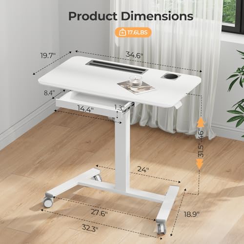 Mobile Standing Desk with Drawer, 35"×20" Small Desk, White | Portable Laptop Workstation with Cup Holder and Hooks, Height Adjustable Rolling Desk with Wheels, Teacher Classroom Use - color: White, size: 35"