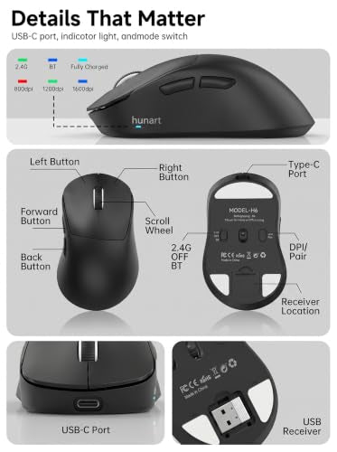 hunart H6 49g Wireless Mouse, Bluetooth & 2.4GHz, USB-C Charging, Black | Silent Clicks, Two Ways to Connect, Right-Hand Ergonomic Comfort, Portable for Laptop, MacBook, PC & Tablet - color: Black