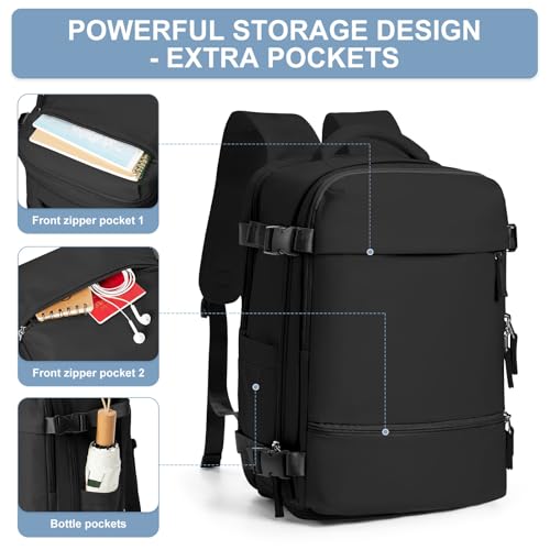 Travel Backpack Simple Durable Carry On Backpack with Shoe Compartment, Personal Item Travel Bag Flight Approved, Water Resistant Laptop Backpack for Women Men Weekender Business, Black - color: Black