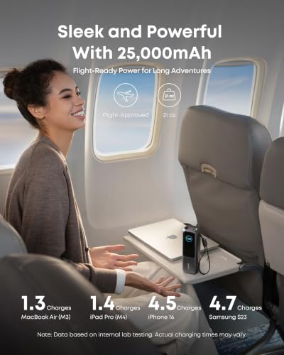 Anker Laptop Power Bank, 25,000mAh Travel Essential with 165W Total Output | 3 USB-C Ports with 100W Max Each, Built-In Retractable Cables, Flight-Ready, for iPhone 17 Series ,MacBook, and More - color: Black