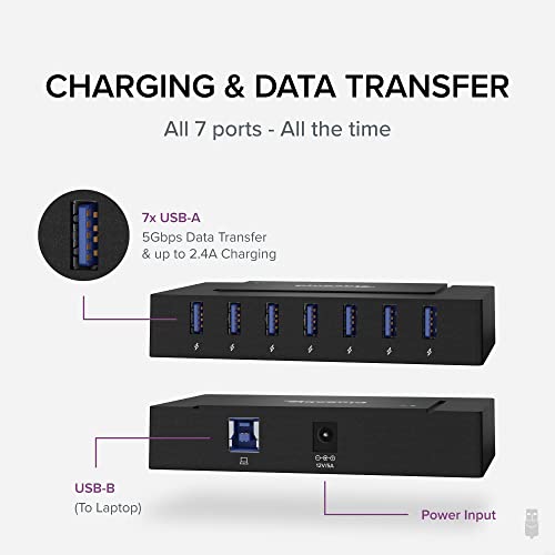 Plugable 7-in-1 USB Powered Hub for Laptops with USB-C or USB 3.0 - Power Station for Multiple Devices and Data Transfer with a 60W Power Adapter, Driverless