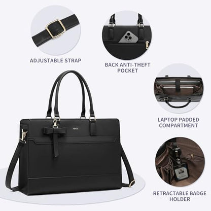 Keyli 3pcs Laptop Bag for Women 15.6 Inch Leather Work Tote Bags Professional Business Office Computer Shoulder Briefcase - color: 3pcs-black