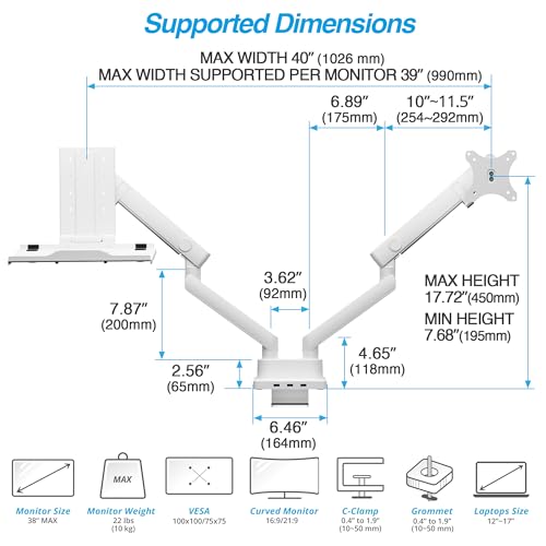 AVLT Laptop & Monitor Arm Desk Mount for 17-38" Screens, USB-C Dock - White | Supports flat/curved screens up to 22 lbs each. 12-17" laptop tray, 7-in-1 USB-C dock, HDMI 4K60, Ethernet and 100W PD - color: White
