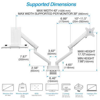AVLT Laptop & Monitor Arm Desk Mount for 17-38" Screens, USB-C Dock - White | Supports flat/curved screens up to 22 lbs each. 12-17" laptop tray, 7-in-1 USB-C dock, HDMI 4K60, Ethernet and 100W PD - color: White