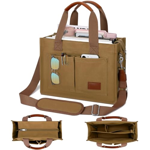 KKXIU Large Canvas Tote Bag for Women with Zipper and Compartments Crossbody Work Bible Messenger Purse Bag With Pockets - color: Brown, size: Large