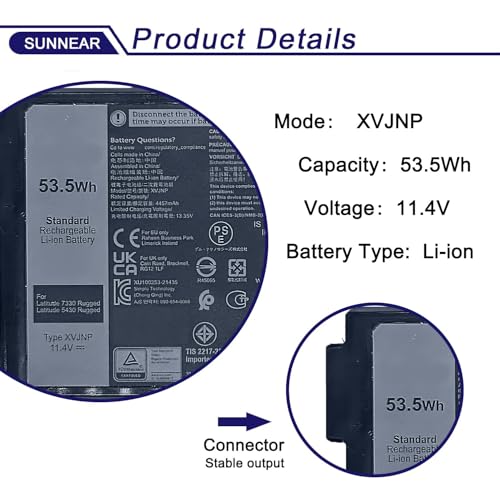 53.5Wh XVJNP Laptop Battery for Dell Latitude 5430 7330 Rugged Extreme | 11.4V 4457mAh; Battery Replacement for Dell Pro Rugged 14 RB14250 13 RA13250 P148G P149G; G6M0W 6JRCP 0M0TN3 KD1CT - size: 5.15*3.49*0.7 inches XVJNP