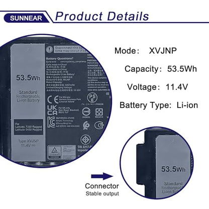 53.5Wh XVJNP Laptop Battery for Dell Latitude 5430 7330 Rugged Extreme | 11.4V 4457mAh; Battery Replacement for Dell Pro Rugged 14 RB14250 13 RA13250 P148G P149G; G6M0W 6JRCP 0M0TN3 KD1CT - size: 5.15*3.49*0.7 inches XVJNP