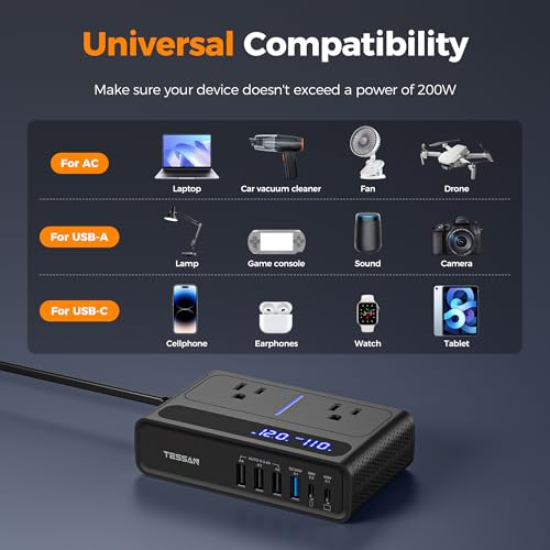 TESSAN 200W Car Power Inverter, 65W USB C Car Charger Adapter Fast Charging | Converter with 2 AC Outlets & 6 USB Ports, PD/QC 3.0 Fast Charging Car Adapter for Phones, Camping, Road Trip & Travel, Black - size: 65W