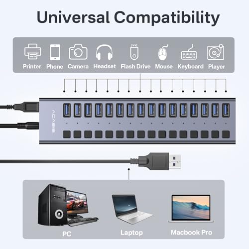 ACASIS Powered 16 Ports USB 3.2 Hub, 10Gbps Data Transfer, 96W Adapter | Individual On/Off Switch for Each Port • Aluminum Housing • Better Heat Dissipation • Plug & Play - size: 16 ports