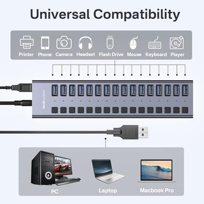 ACASIS Powered 16 Ports USB 3.2 Hub, 10Gbps Data Transfer, 96W Adapter | Individual On/Off Switch for Each Port • Aluminum Housing • Better Heat Dissipation • Plug & Play - size: 16 ports