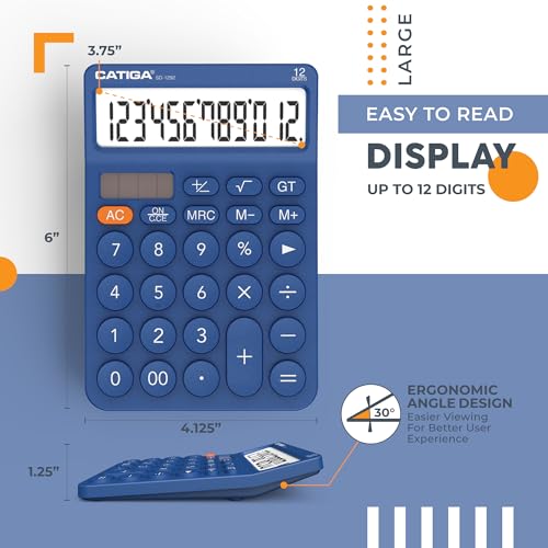 CATIGA 12 Digit Desktop Calculator Basic Desk Calculator with Large LCD Display, Big Buttons, 4 Function, Solar and Battery Dual Power, for Office, School, Home, SD-1292 Navy Blue - color: 5.1) Navyblue