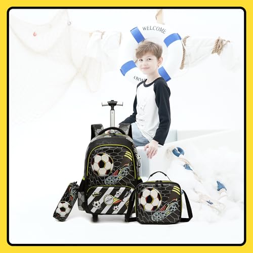 Meetbelify Kids Football Rolling Backpack with Wheels for Elementary Preschool Students Boys Travel Luggage Carry on Backpack for Boys Ages 6-8 - color: 02 Football