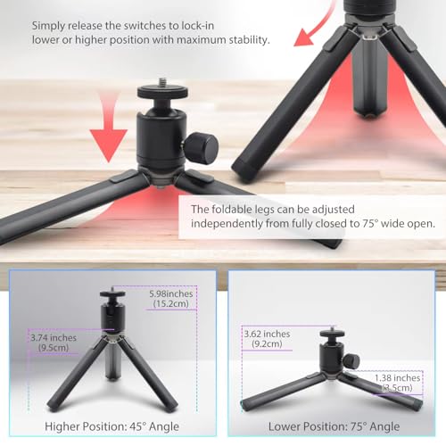 Kado Metal Portable Monitor Tablet Stand Tripod, Adjustable Height & Angle | 100x100mm 75x75mm Wall/Arm Mount Clamping, 360° Ball Head and 1/4" Screw Compact for Phone, Tablet, Projector, Camera, Webcam