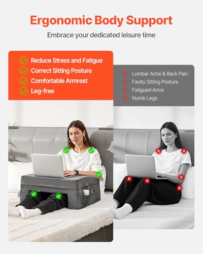 VEVOR Reading Pillow for Gaming, Extra Large Lap Desk Pillow with Pockets and Cup Holder, Laptop Pillow with Memory Foam Bed Rest, Bed Pillow for Sitting Up for Gaming, Reading, Resting, Working, Grey