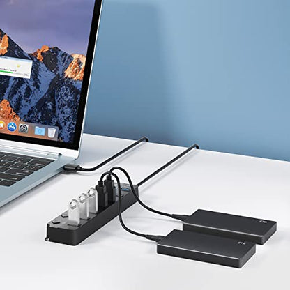 USB Hub 7 Port, USB Splitter with Individual On/Off Switches and Lights. | USB 3.0 Hub with 3.3ft Cable, Extender for A Port Laptop, PC, Desktop - color: Black