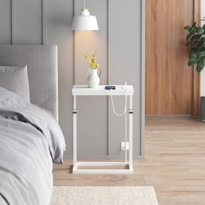 TUTOTAK End Table with Charging Station, Side Table, Tall Couch Table | Sofa Table, for living Room, Bedroom, White TB01BW084 - color: White, size: 1 Pack, style: With Plug