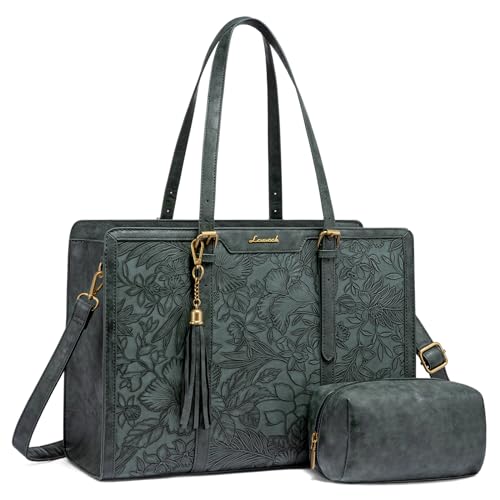 LOVEVOOK Laptop Bag for Women Vintage Leather Laptop Tote 17.3 inch Large Capacity Computer bag with Clutch Purse for Work - color: Green Embossed, size: 17.3 inch