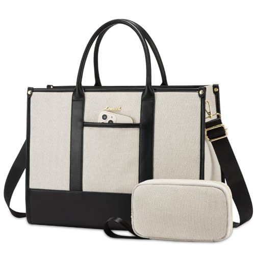 LOVEVOOK Laptop Tote Bags for Women Canvas Work Bag 15.6 inch Large Professional Teacher Purse Lightweight Computer Bag Briefcase Business Office, Black-white - color: Black-white Canvas, size: 15.6inch