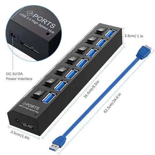 USB Hub 3.0, VIENON 7-Port USB Extender Splitter with Individual LED ON/Off Switches, USB3.0 Hub for Laptop, PC, MacBook, Mac Pro, Mac mini, iMac, Surface Pro and More USB Devices-2FT