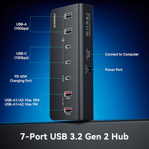 FIDECO 7-Port 72W Powered USB Hub, USB C Hub with 1 PD 45W, 2 QC 3.0 Charging Ports, and 4 USB 3.2 Ports (2 USB-A + 2 USB-C), Aluminum 10Gbps USB Hub for Laptop, PC, MacBook, iPhone 17/16/15, Black